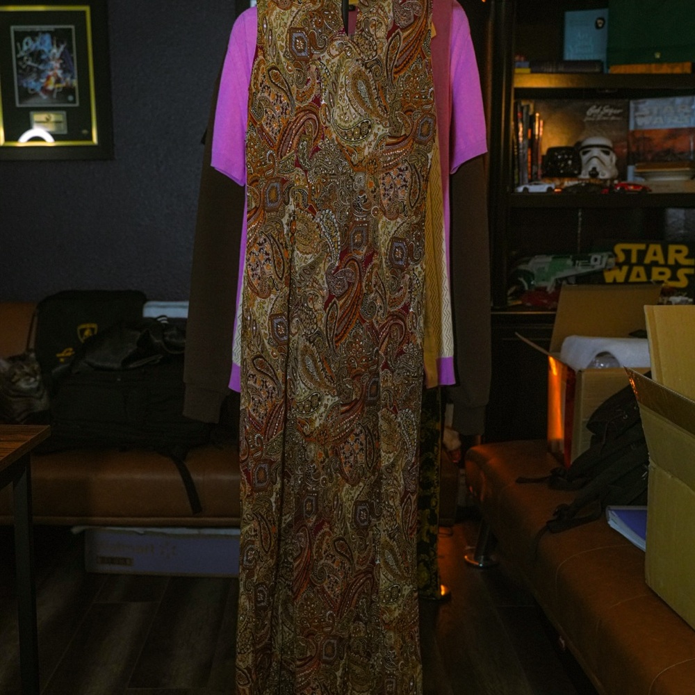 Papell Boutique Paisley Maxi Dress in Brown and Gold Tones